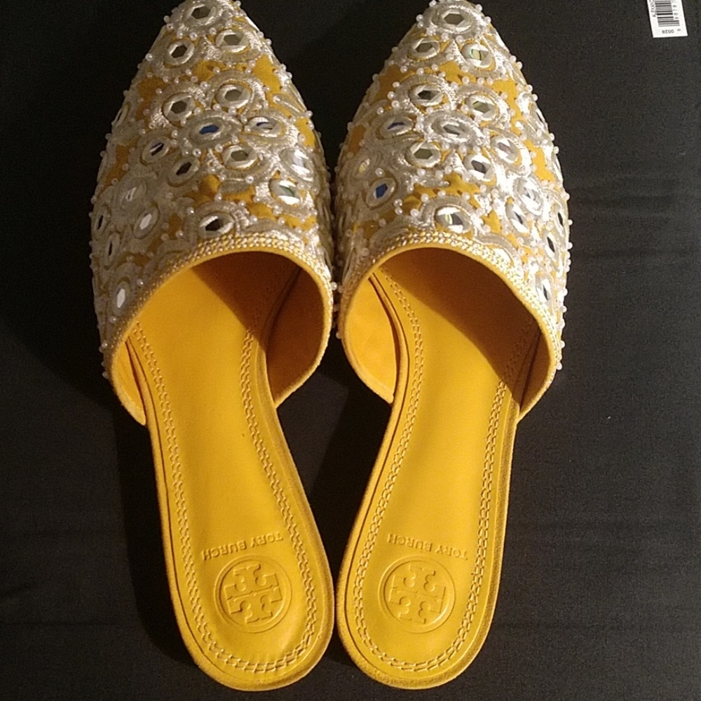 TORY BURCH "INDIA GOLD" FABULOUS MULES! SZ. 7M NWT